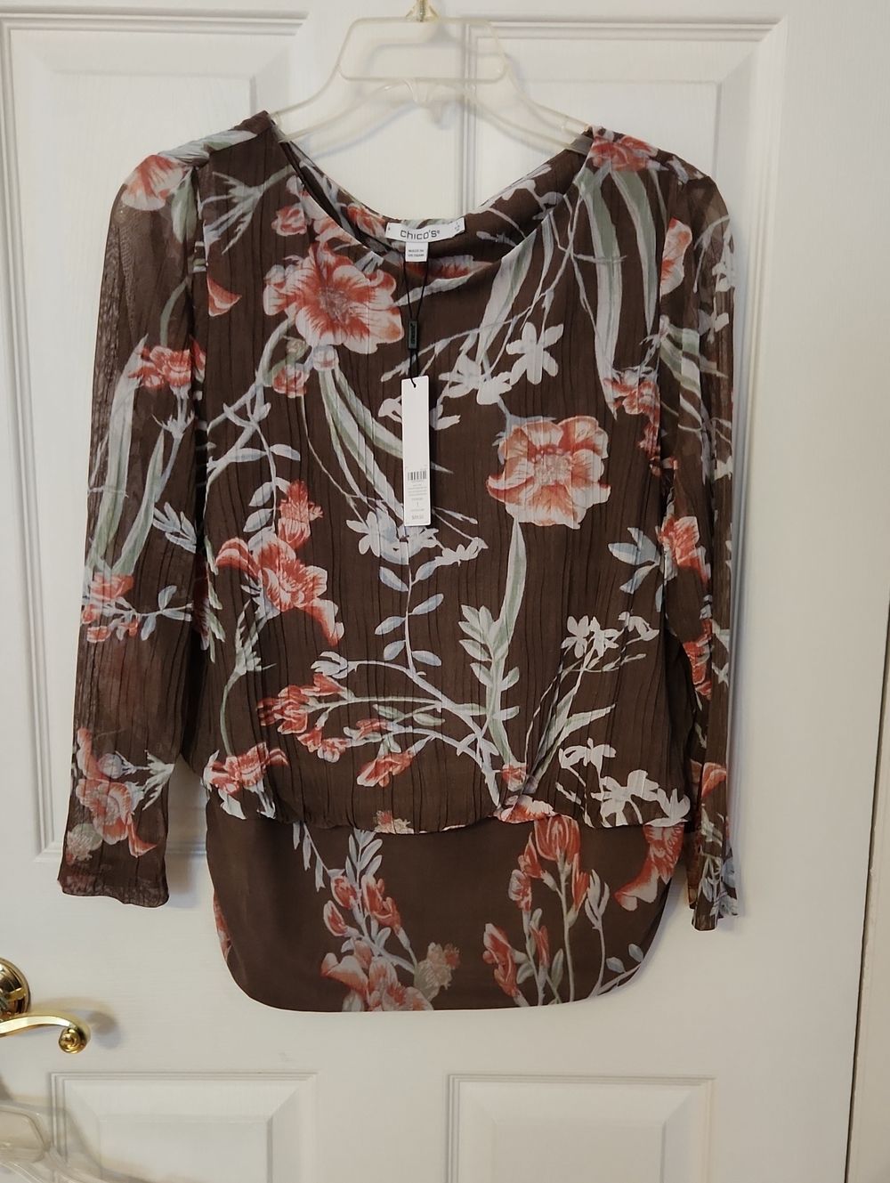 Chico's Brown Floral Pleated Long-Sleeve Fasgion Knit Blouse Top NWT Size 1